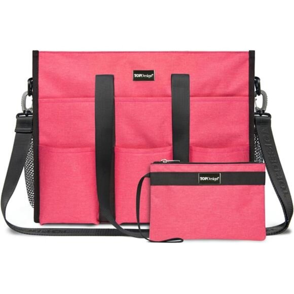 Utility Water Resistant Tote Bag with 22 Pockets Size L Light Red